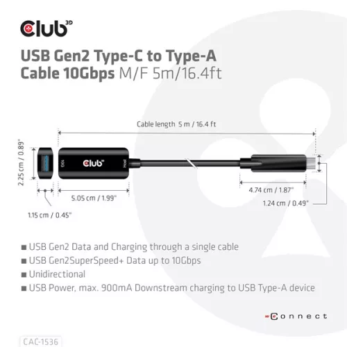 Club 3D Kábel - CAC-1536 (USB-C Gen 2 to USB-A, 10Gbps, M/F, 5m)