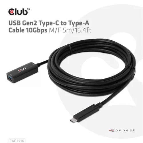 Club 3D Kábel - CAC-1536 (USB-C Gen 2 to USB-A, 10Gbps, M/F, 5m)