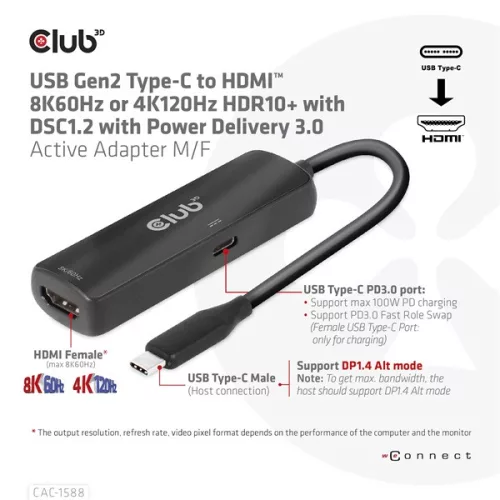 Club 3D Átalakító - CAC-1588 (USB-C Gen 2 to HDMI 4K120Hz, HDR10, DSC 1.2, USB-C 100W PD3.0, aktív)