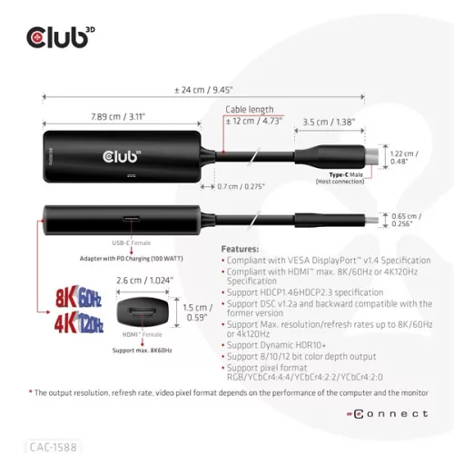 Club 3D Átalakító - CAC-1588 (USB-C Gen 2 to HDMI 4K120Hz, HDR10, DSC 1.2, USB-C 100W PD3.0, aktív)