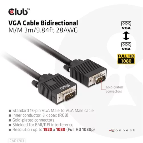 Club 3D Kábel - CAC-1703 (VGA Bidirectional, M/M, 3m, 28AWG, Full HD 1080p)