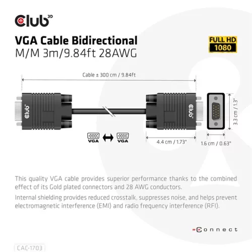 Club 3D Kábel - CAC-1703 (VGA Bidirectional, M/M, 3m, 28AWG, Full HD 1080p)