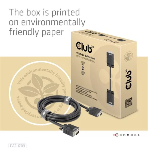 Club 3D Kábel - CAC-1703 (VGA Bidirectional, M/M, 3m, 28AWG, Full HD 1080p)