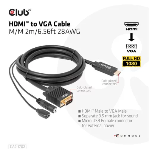 Club 3D Kábel - CAC-1712 (HDMI to VGA, M/M, 2m, 28AWG, 1080p, 3.5mm jack, Micro USB táplálás)