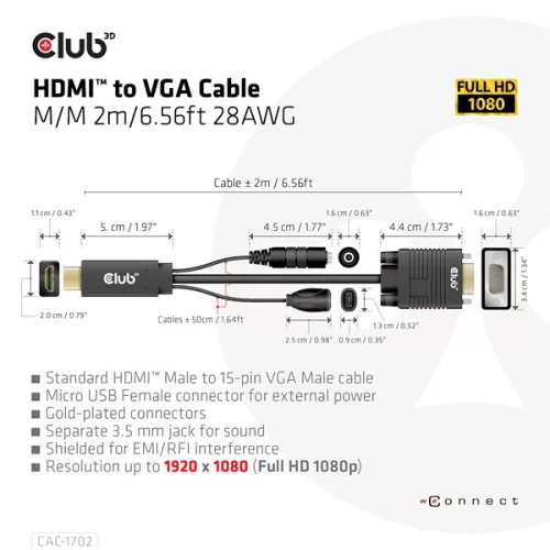 Club 3D Kábel - CAC-1712 (HDMI to VGA, M/M, 2m, 28AWG, 1080p, 3.5mm jack, Micro USB táplálás)