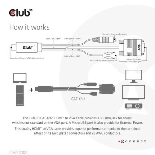 Club 3D Kábel - CAC-1712 (HDMI to VGA, M/M, 2m, 28AWG, 1080p, 3.5mm jack, Micro USB táplálás)