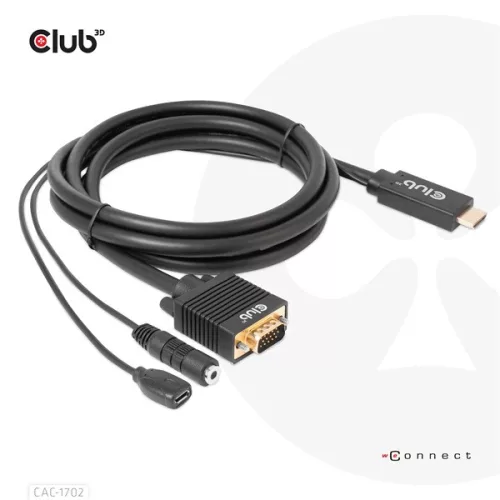 Club 3D Kábel - CAC-1712 (HDMI to VGA, M/M, 2m, 28AWG, 1080p, 3.5mm jack, Micro USB táplálás)