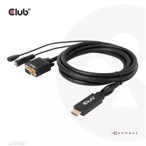 Club 3D Kábel - CAC-1712 (HDMI to VGA, M/M, 2m, 28AWG, 1080p, 3.5mm jack, Micro USB táplálás)