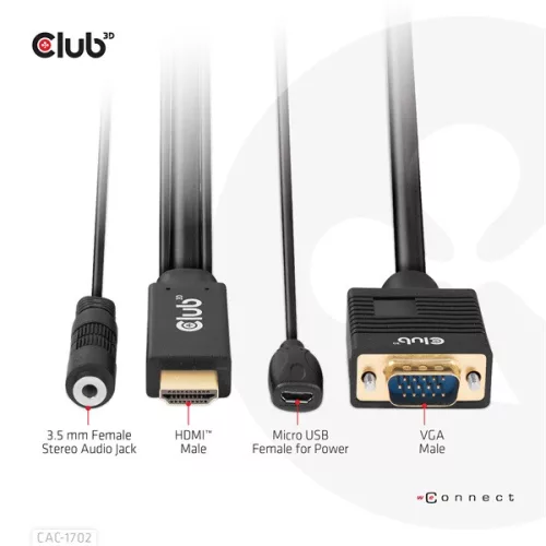 Club 3D Kábel - CAC-1712 (HDMI to VGA, M/M, 2m, 28AWG, 1080p, 3.5mm jack, Micro USB táplálás)