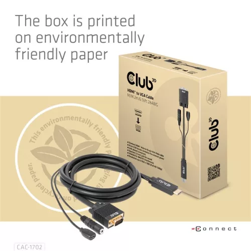 Club 3D Kábel - CAC-1712 (HDMI to VGA, M/M, 2m, 28AWG, 1080p, 3.5mm jack, Micro USB táplálás)