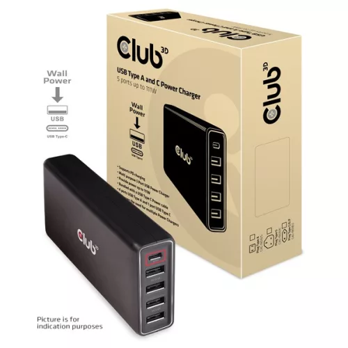 Club 3D Átalakító - CAC-1903 (5 port, 111W töltő, 4xUSB-A, 1xUSB-C PD)