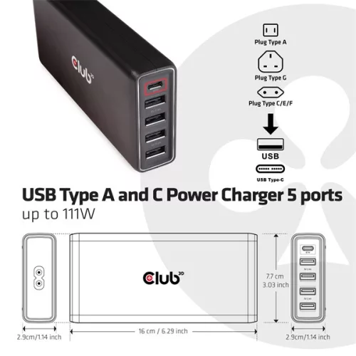 Club 3D Átalakító - CAC-1903 (5 port, 111W töltő, 4xUSB-A, 1xUSB-C PD)