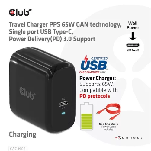 Club 3D Hálózati Adapter - CAC-1905EU (65W GAN, USB-C, PD 3.0, túltöltés védelem, kicsi méret)