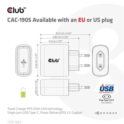 Club 3D Hálózati Adapter - CAC-1905EU (65W GAN, USB-C, PD 3.0, túltöltés védelem, kicsi méret)