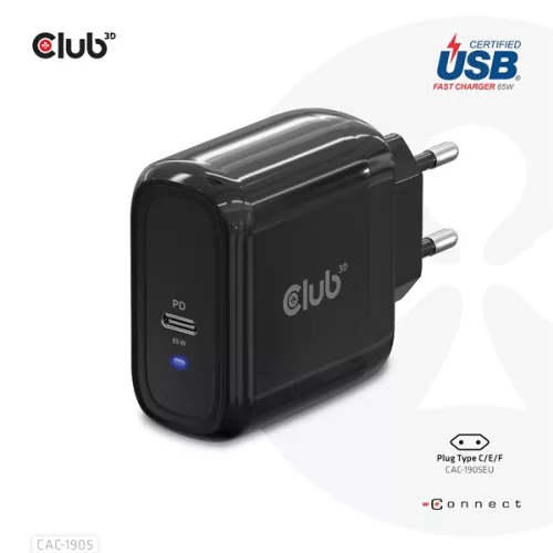 Club 3D Hálózati Adapter - CAC-1905EU (65W GAN, USB-C, PD 3.0, túltöltés védelem, kicsi méret)