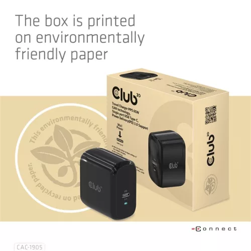 Club 3D Hálózati Adapter - CAC-1905EU (65W GAN, USB-C, PD 3.0, túltöltés védelem, kicsi méret)