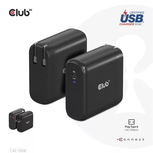 Club 3D Hálózati Adapter - CAC-1908EU (100W GAN, USB-IF, egyportos USB-C, PD 3.0 támogatás)