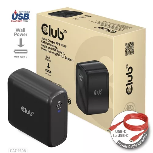 Club 3D Hálózati Adapter - CAC-1908EU (100W GAN, USB-IF, egyportos USB-C, PD 3.0 támogatás)