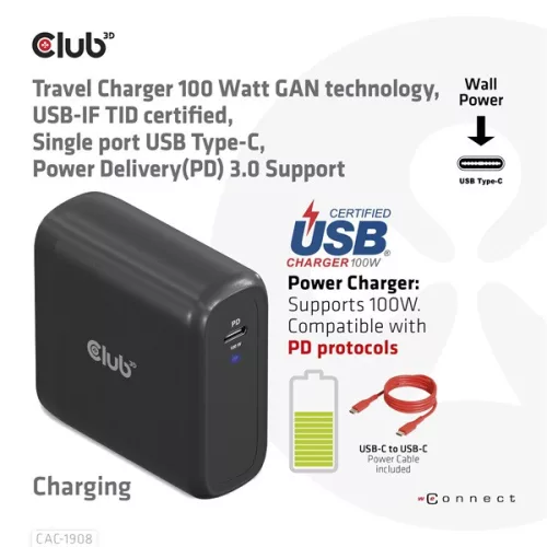 Club 3D Hálózati Adapter - CAC-1908EU (100W GAN, USB-IF, egyportos USB-C, PD 3.0 támogatás)