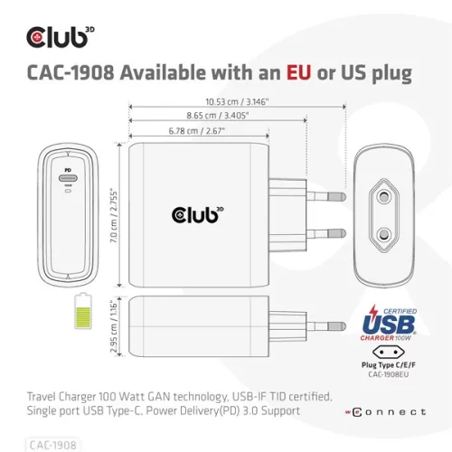 Club 3D Hálózati Adapter - CAC-1908EU (100W GAN, USB-IF, egyportos USB-C, PD 3.0 támogatás)