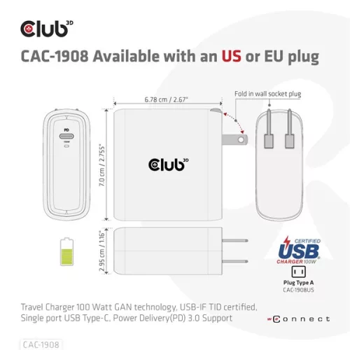 Club 3D Hálózati Adapter - CAC-1908EU (100W GAN, USB-IF, egyportos USB-C, PD 3.0 támogatás)