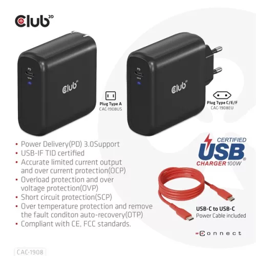 Club 3D Hálózati Adapter - CAC-1908EU (100W GAN, USB-IF, egyportos USB-C, PD 3.0 támogatás)