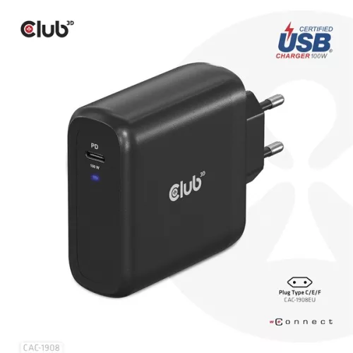 Club 3D Hálózati Adapter - CAC-1908EU (100W GAN, USB-IF, egyportos USB-C, PD 3.0 támogatás)