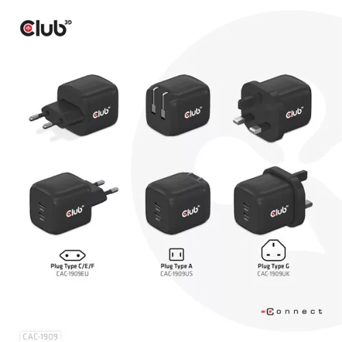 Club 3D Hálózati Adapter - CAC-1909EU (45W GAN, USB-C Dual Port, PD 3.0, PPS, Kétportos)