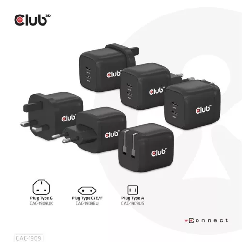 Club 3D Hálózati Adapter - CAC-1909EU (45W GAN, USB-C Dual Port, PD 3.0, PPS, Kétportos)