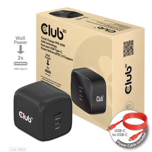 Club 3D Hálózati Adapter - CAC-1909EU (45W GAN, USB-C Dual Port, PD 3.0, PPS, Kétportos)