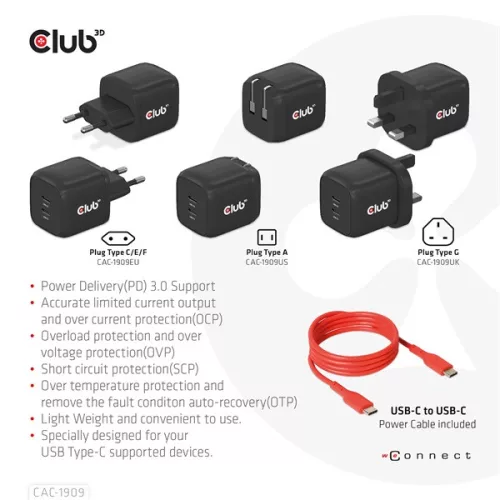 Club 3D Hálózati Adapter - CAC-1909EU (45W GAN, USB-C Dual Port, PD 3.0, PPS, Kétportos)