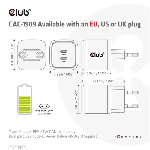 Club 3D Hálózati Adapter - CAC-1909EU (45W GAN, USB-C Dual Port, PD 3.0, PPS, Kétportos)