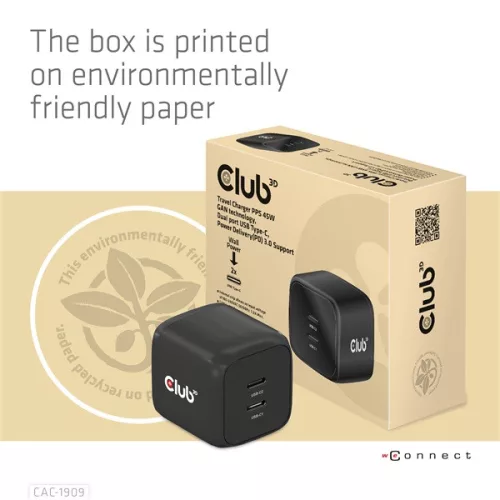 Club 3D Hálózati Adapter - CAC-1909EU (45W GAN, USB-C Dual Port, PD 3.0, PPS, Kétportos)
