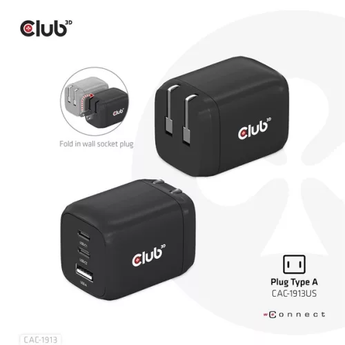 Club 3D Hálózati Adapter - CAC-1913EU (65W GAN, Triple port 2xUSB-C 1xUSB-A PD 3.0)