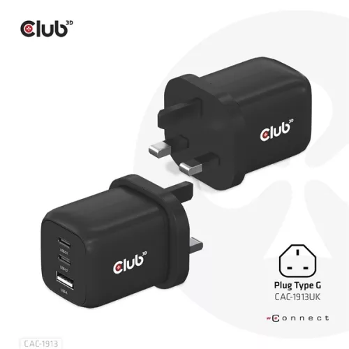 Club 3D Hálózati Adapter - CAC-1913EU (65W GAN, Triple port 2xUSB-C 1xUSB-A PD 3.0)