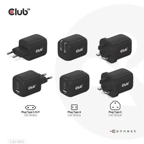 Club 3D Hálózati Adapter - CAC-1913EU (65W GAN, Triple port 2xUSB-C 1xUSB-A PD 3.0)