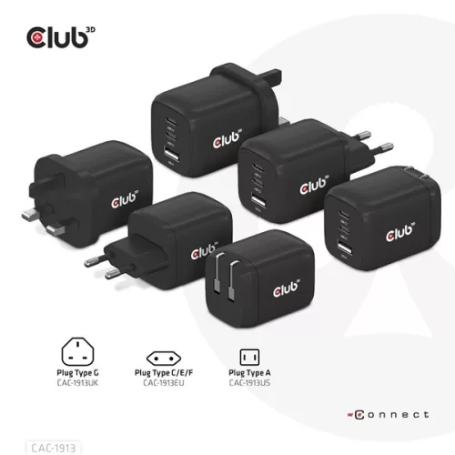 Club 3D Hálózati Adapter - CAC-1913EU (65W GAN, Triple port 2xUSB-C 1xUSB-A PD 3.0)