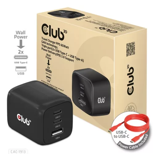 Club 3D Hálózati Adapter - CAC-1913EU (65W GAN, Triple port 2xUSB-C 1xUSB-A PD 3.0)