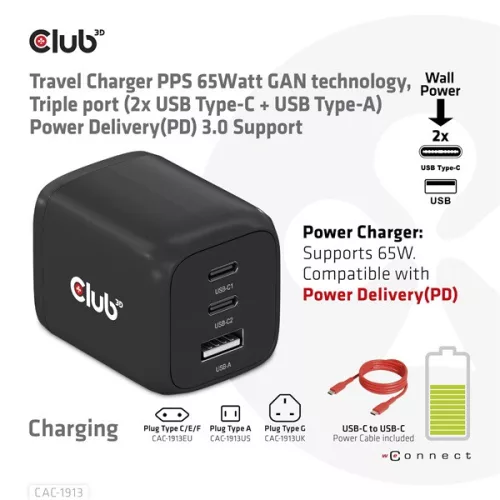 Club 3D Hálózati Adapter - CAC-1913EU (65W GAN, Triple port 2xUSB-C 1xUSB-A PD 3.0)