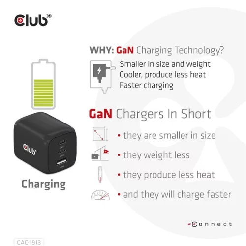 Club 3D Hálózati Adapter - CAC-1913EU (65W GAN, Triple port 2xUSB-C 1xUSB-A PD 3.0)