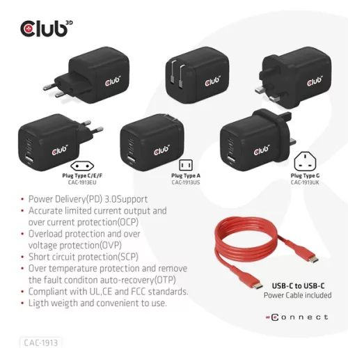 Club 3D Hálózati Adapter - CAC-1913EU (65W GAN, Triple port 2xUSB-C 1xUSB-A PD 3.0)