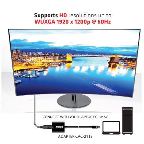 Club 3D Átalakító - CAC-2113 (Mini DisplayPor 1.1a to VGA, fekete, aktív, 1920x1200@60Hz, kompatibilis AMD/Nvidia/Intel)