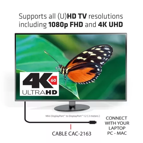 Club 3D Kábel - CAC-2163 (Mini DisplayPort to DisplayPort 1.2, 2m, 4K 60Hz, Bidirektional, 21.6Gbps, zárral)