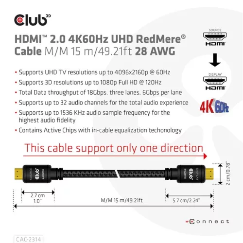 Club 3D Kábel - CAC-2314 (HDMI 2.0 4K60Hz RedMere, M/M, 15m, 18Gbps, UHD, AWG28)