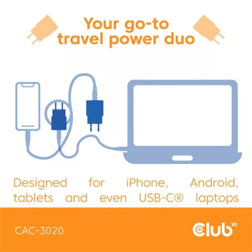 Club 3D Hálózati Adapter - CAC-3020 (2db/csomag, 30W USB-C, PD3.0, túltöltés védelem, kicsi méret, fehér)