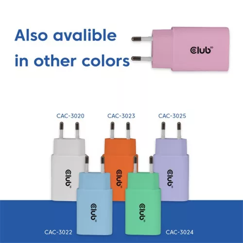 Club 3D Hálózati Adapter - CAC-3021 (2db/csomag, 30W USB-C, PD3.0, túltöltés védelem, kicsi méret, pink)