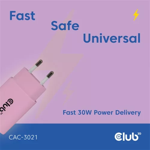 Club 3D Hálózati Adapter - CAC-3021 (2db/csomag, 30W USB-C, PD3.0, túltöltés védelem, kicsi méret, pink)