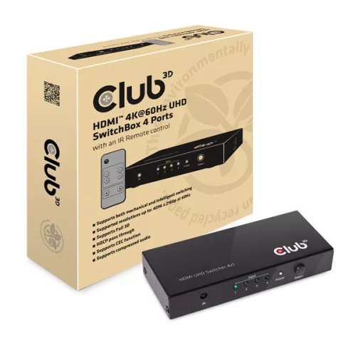 Club 3D Switch - CSV-1370 (HDMI 2.0, 4K60HZ, 4 Port, IR távvezérlővel)