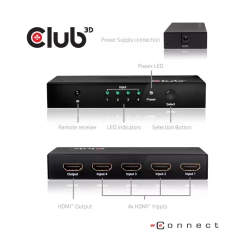 Club 3D Switch - CSV-1370 (HDMI 2.0, 4K60HZ, 4 Port, IR távvezérlővel)
