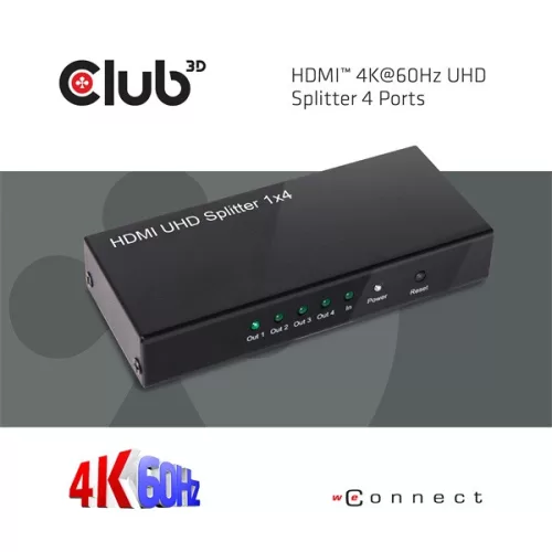 Club 3D Splitter - CSV-1380 (HDMI 2.0, 4K@60Hz UHD, 4 port, 3D támogatás, HDCP 1.4/2.2)